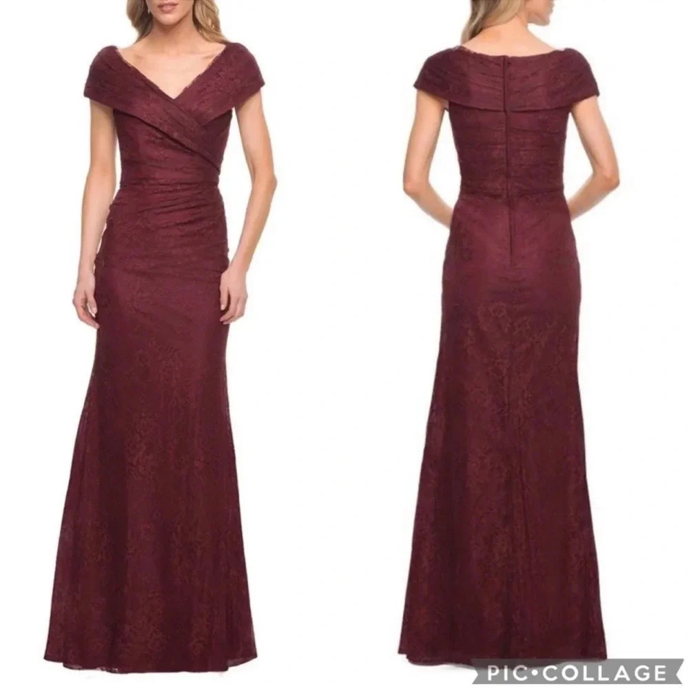NWT La Femme sz 6 27982 Portrait Neck Lace Gown Burgundy Red Pleat Long Formal - Picture 9 of 9